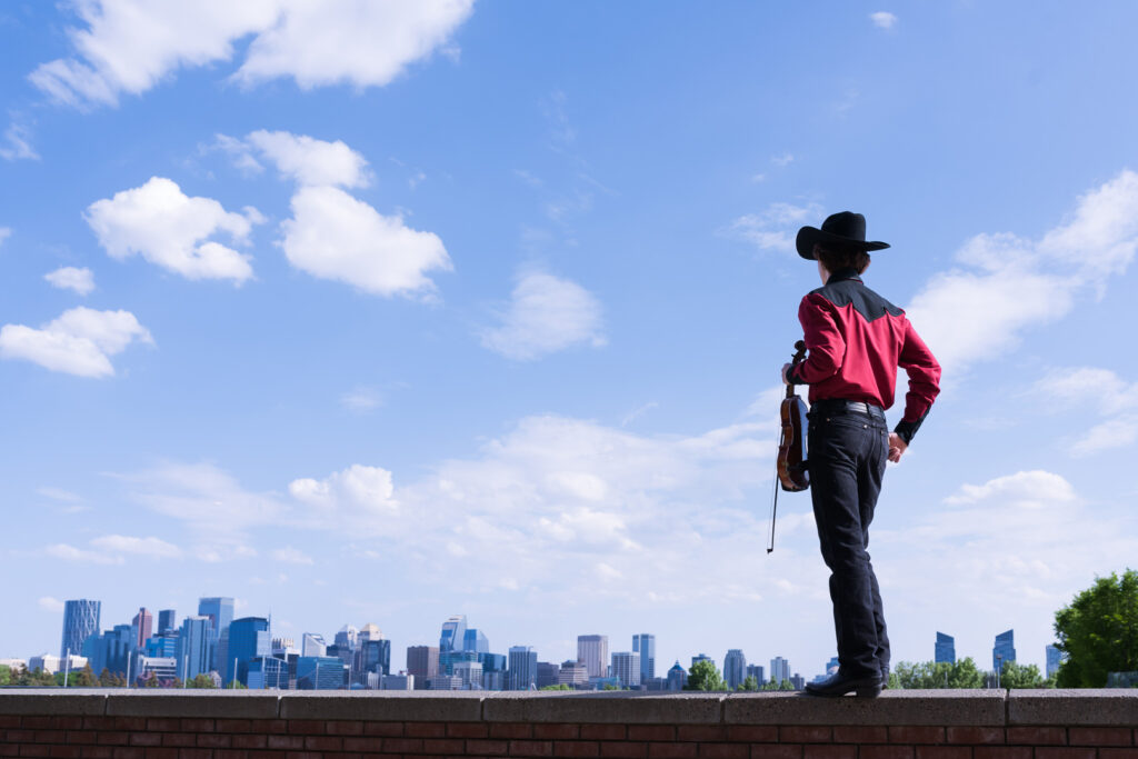 Calgary grad photographer, Calgary Fiddlers, fiddler portrait, Calgary skyline, downtown Calgary